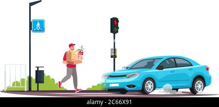 Inattentive pedestrian semi flat RGB color vector illustration. Young person crossing road at red light while a car is coming. Safety rules breach. Is Stock Vector