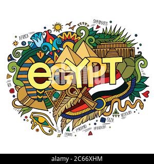 Egypt hand lettering and doodles elements background. Stock Vector