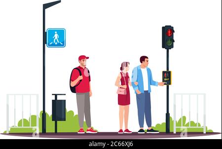 People at crosswalk with wait traffic button semi flat RGB color vector illustration. Safety and protection on roads. Pedestrian facilities. Isolated Stock Vector