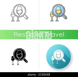 Enotourism icon. Linear black and RGB color styles. Wine tasting tours, winemaking. Alcohol drinks degustation on vacation. Wineglasses under magnifyi Stock Vector