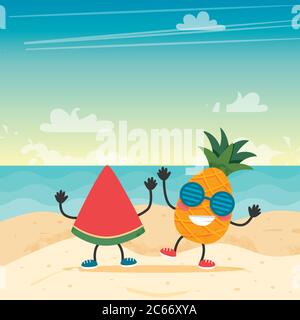Summer time card with fruits character, beach landscape, lettering and floral frame. Vector illustration in flat style Stock Vector