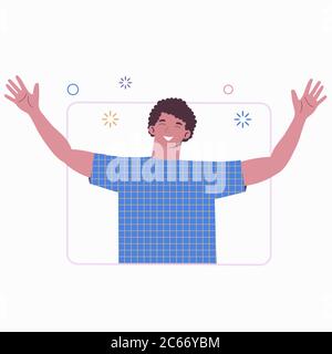 Chatting with friends online. Chatting Video call. Young man with hands up at the window. Greeting. Flat illustration isolated on white background. Stock Vector