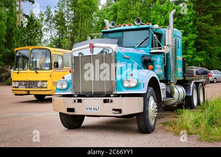 Classic Kenworth W900 semi truck on vintage truck event organised by The Vintage Truck Association of Finland. Lahnajärvi, Finland. July 4, 2020. Stock Photo
