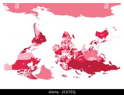 Reversed or upside down political map of World. South-up orientation ...