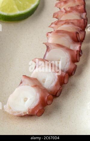 Fresh cooked octopus tentacle in slices close up Stock Photo