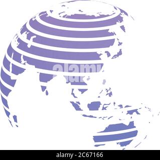 Earth globe with blue striped World land map focused on Asia. 3D vector illustration. Stock Vector