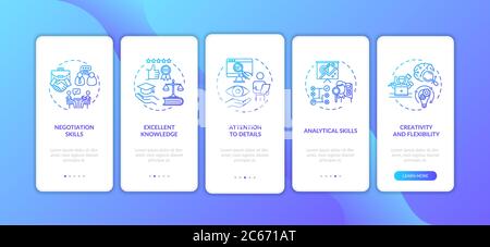 Attorney required skills onboarding mobile app page screen with concepts. Corporate lawyer. Walkthrough 5 steps graphic instructions. UI vector templa Stock Vector