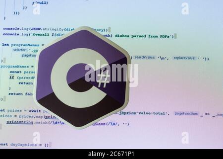Moscow, Russia - 1 June 2020: C sharp logo sign with program code on background Illustrative Editorial Stock Photo