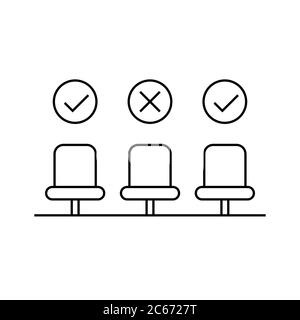 Social distancing concept with an empty seat. Keep a safe distance for coronavirus prevention. Chairs with check mark and cross sign. Black outline Stock Vector