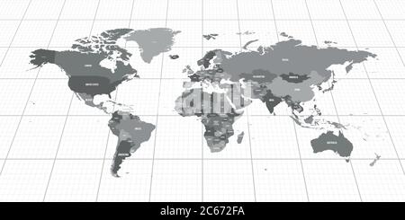 Grey geopolitical map of World. Bottom perspective view with background grid. Vector illustration. Stock Vector