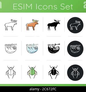 Animals icons set. Linear, black and RGB color styles. Different wildlife, diverse fauna. Common and exotic animal species. Scarab beetle, moose and s Stock Vector