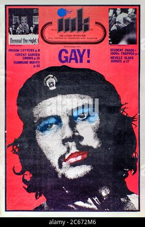 Front cover of Ink #23 published on 3 December 1971 featuring a photograph of Che Guevara wearing makeup and a Gay Liberation Front badge on his beret. Ink Magazine The Other Newspaper was an underground serving the gay community founded by Richard Neville in May 1971. Stock Photo