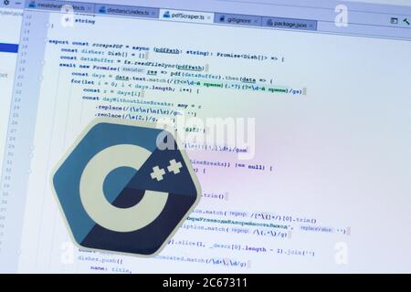 Moscow, Russia - 1 June 2020: C plus logo sign with program code on background Illustrative Editorial Stock Photo