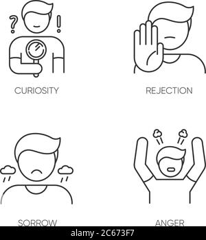 Mood and temperament pixel perfect linear icons set. Customizable thin line contour symbols. Curiosity, rejection, sorrow and anger. Isolated vector o Stock Vector
