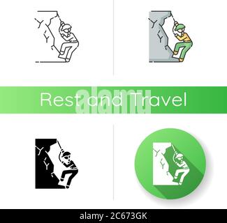 Mountaineering icon. Linear black and RGB color styles. Extreme tourism activity, dangerous adventure vacation. Alpine climbing sport, mountains explo Stock Vector