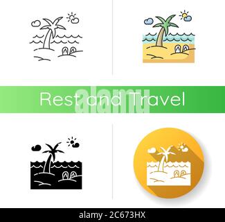 Seaside resort icon. Linear black and RGB color styles. Summer vacation, tropical tourism, paradise island. Recreation on exotic beach, sea shore with Stock Vector