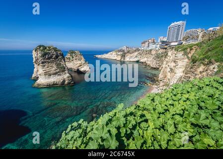 Aerial view with Pigeon Rock in Raouche area of Beirut, Lebanon Stock Photo