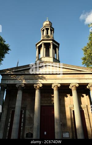 Facade of the St Pancras New Church, Euston Road in London. Stock Photo