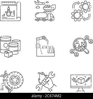 Manufacturing stages pixel perfect linear icons set. CAD, product ...