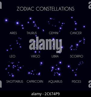 Set of 12 Zodiacal Constellations on the Background of Cosmic Sky Vector Illustration  Stock Vector