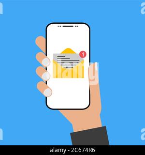 Modern design style hand holding the smartphone with e-mail screen . Stock Vector