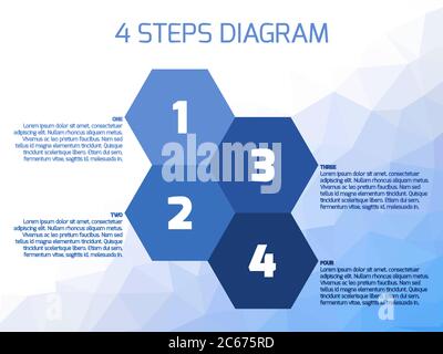 Four steps diagram of hexagonal elements. Business infographics concept. Four shades of blue elements with text labels on lowpoly background. Stock Vector