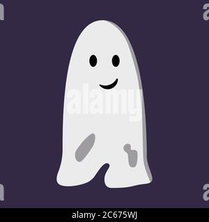 Cute funny ghost isolated on dark purple background. Halloween character with smiling face. Blank white sheet with holes. Element for poster, banner Stock Vector