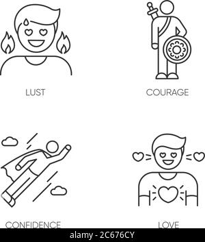 Good feelings and qualities pixel perfect linear icons set. Customizable thin line contour symbols. Confidence, courage, lust and love. Isolated vecto Stock Vector