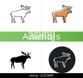 Elk RGB color icon. Hoofed ruminant animal with large antlers. American ...