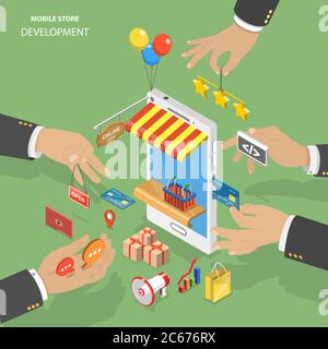 Mobile store development flat isometric low poly vector concept. Stock Vector