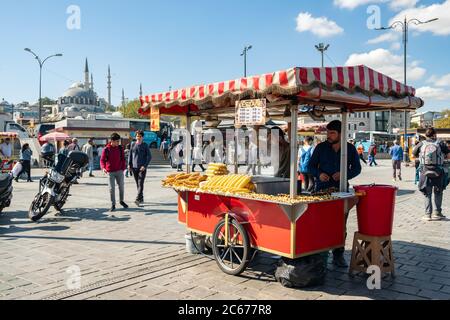 Traditional chestnut and corn vendor cart in Istanbul Stock Photo