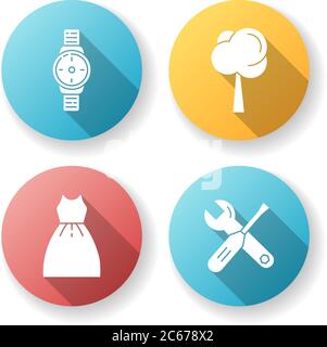 Male and female products flat design long shadow glyph icons set. Hand watch for man. Plant for gardening. Tools for repair. Tree growth. Instruments Stock Vector