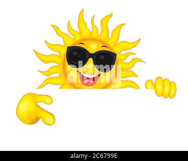 Cheerful cartoon sun in sun glasses. The smiling sun shows a direction with his hand, invites, pays attention. Sun on a white background. Stock Vector