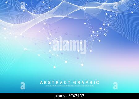 Abstract geometric background with dynamic particles, wave flow. Big data, plexus stream background. Perspective data visualization with fractal Stock Vector