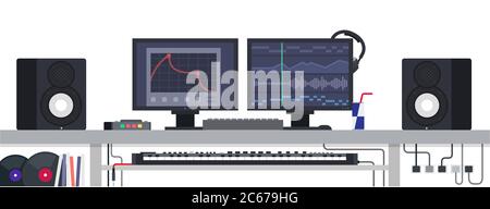 Musician workspace. Vector flat illustrations. Music and recording industry. Stock Vector
