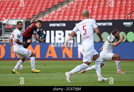 Nuremberg, Deutschland. 07th July, 2020. firo Football: Football: 07.07.2020 Relegation game relegation 2020 to 2.Bundesliga FC Nuremberg - FC Ingolstadt 04 first leg Fabian Nurnberger, shoots, the goal for 1: 0 DFB/DFL regulations prohibit any use of photographs as image sequences and/or quasi -video., Bernd Muller/pool/via/firosportphoto | usage worldwide Credit: dpa/Alamy Live News Stock Photo