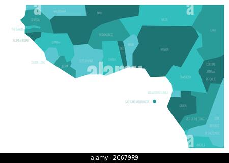 Countries of Guinea Gulf - Western Africa. Simplified and schematic political map. Vector illustration in shades of turquoise blue. Stock Vector