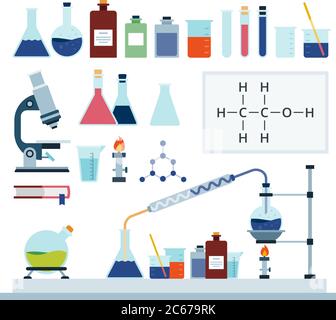 Set of Chemical Laboratory flat vector illustration. Stock Vector