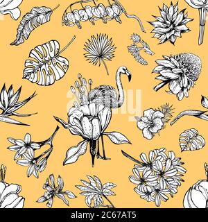 Seamless pattern of hand drawn sketch style tropical flowers, plants and flamingo isolated on yellow background. Vector illustration. Stock Vector