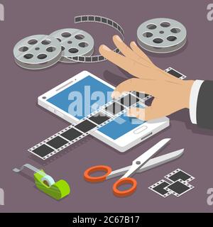 Mobile video editor flat vector isometric concept. Stock Vector
