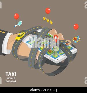 Mobile taxi booking flat isometric low poly vector concept. Stock Vector