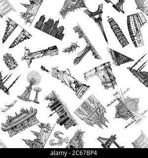 Seamless pattern of hand drawn sketch style landmarks from around the World isolated on white background. Black and white vector illustration. Stock Vector