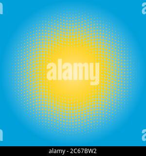 Halftone sun design element. Circle of yellow dots on blue sky background. Stock Vector