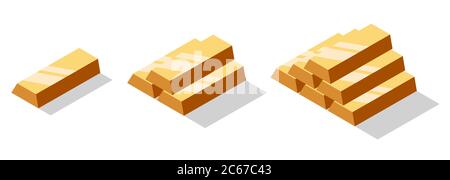 Isometric bronze bars set. Bronze bricks or ingot isolated on white background Stock Vector