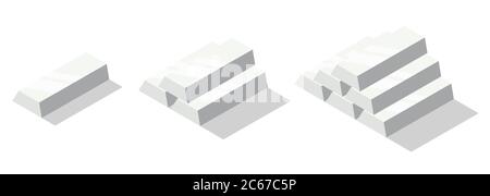 Isometric silver bars set. Silver bricks or ingot isolated on white background Stock Vector