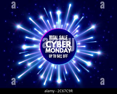 Cyber Monday total sale banner with bright fireworks and sparkles. Blue and violet luminous signboard, nightly advertising. Annual sale background. Go Stock Vector