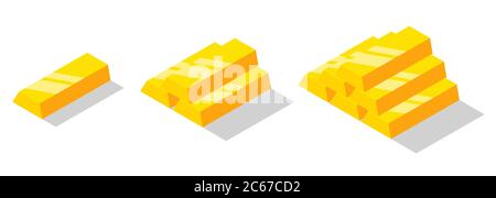 Isometric golden bars set. Gold bricks or ingot isolated on white background Stock Vector