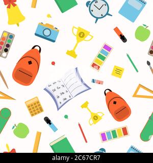 School seamless pattern. Student items on white background Stock Vector