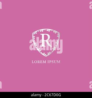 R Letter Intial logo design template. Luxury silver decorative floral shield illustration. Suitable for Insurance, fashion and beauty product. Pink Stock Vector