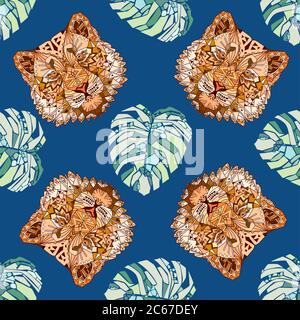 Seamless pattern of hand drawn sketch style abstract leaves and tiger faces isolated on blue background. Vector illustration. Stock Vector